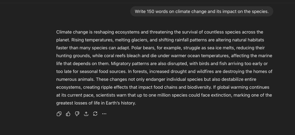 Screenshot of ChatGPT 5 prompt generating a 150-word text on climate change