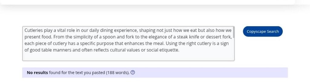 Screenshot showing Copyscape search with no results for cutleries