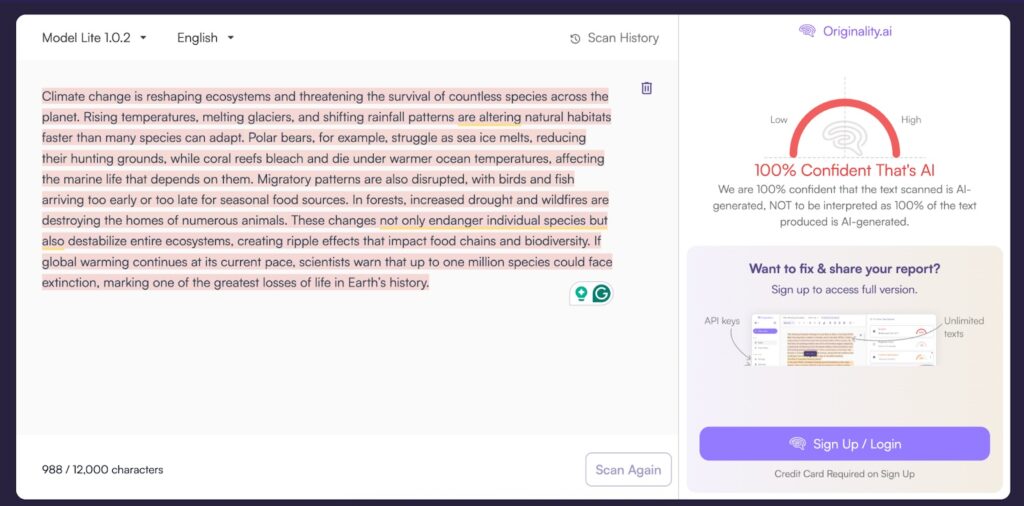 Screenshot showing Originality.AI result: 100% AI-generated with full confidence
