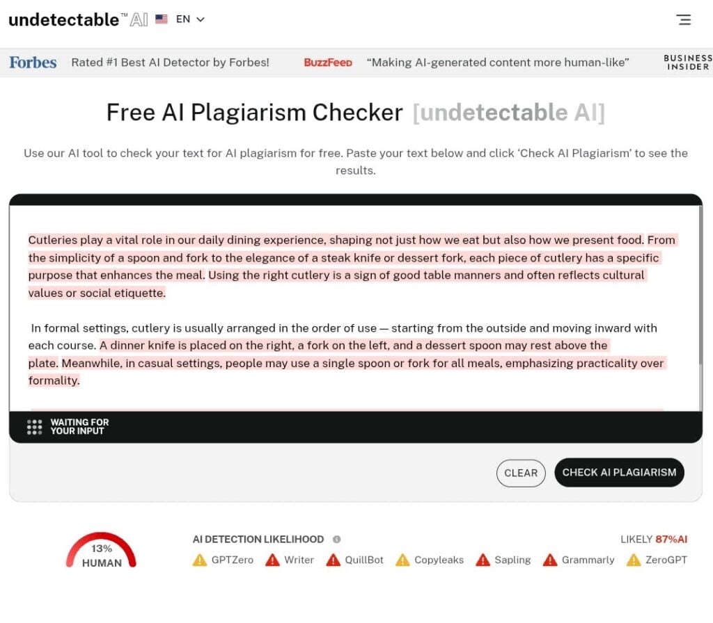 Copyscape Review: How Accurate Is Its Plagiarism Detection? 5 Screenshot showing Cutleries result in Undetectable AI Plagiarism Checker