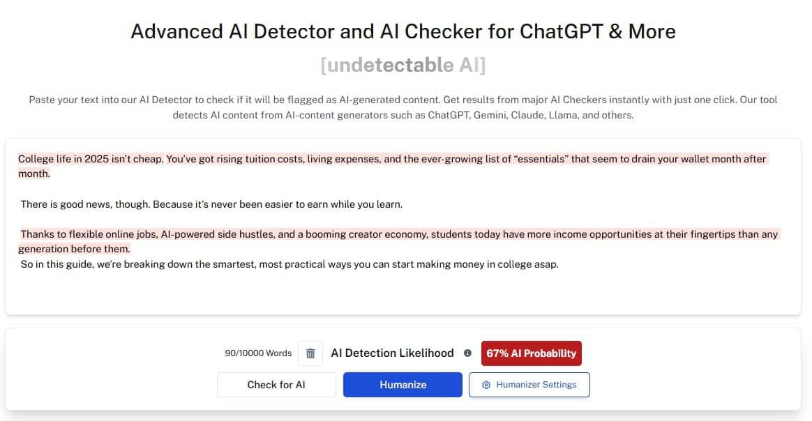 Screenshot showing Undetectable AI detection result