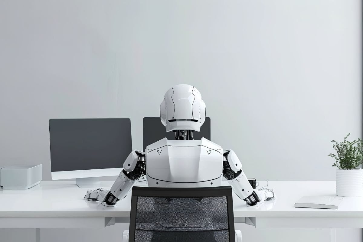 Functioning humanoid robot in front of computer