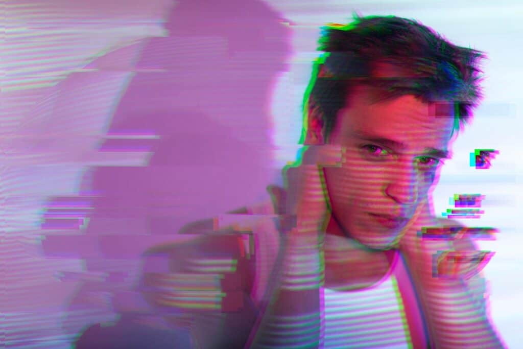 nterior portrait of handsome man in vaporwave style