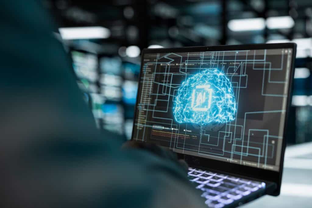 Close up of data center admin doing checkup using machine learning