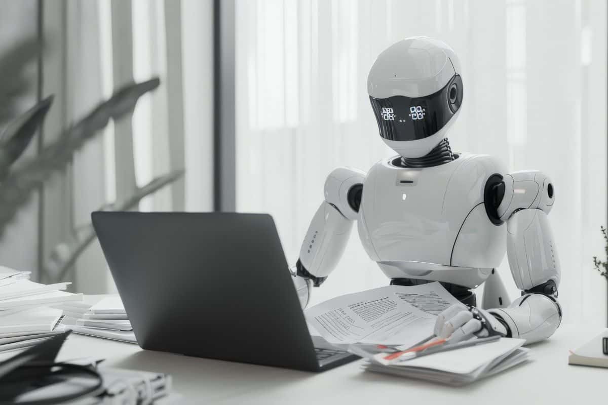 Robot with digital eyes working at a desk with a laptop