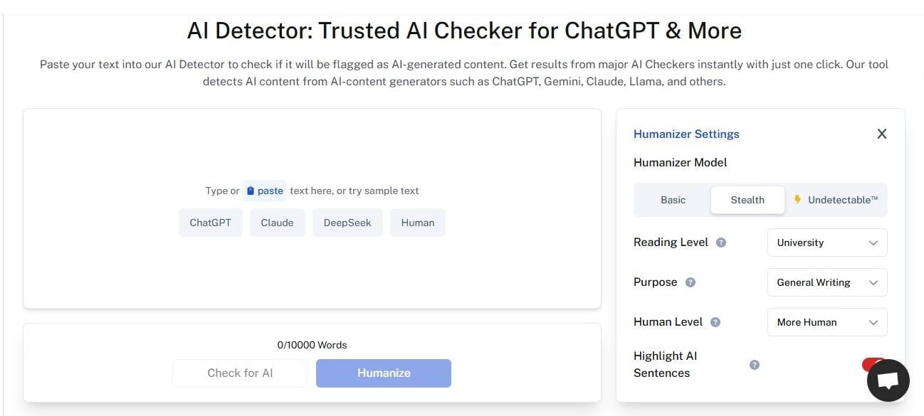 Captura de pantalla del detector de IA de Undetectable AI.