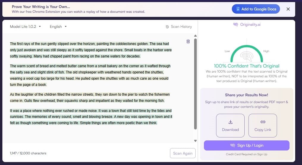 Análise completa do Ryne AI: recursos, preços e desempenho 9 Originality AI Sample 2 Creative AI Text result screenshot