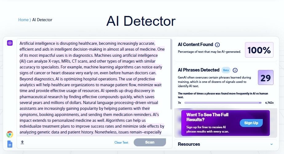Análise completa do Ryne AI: recursos, preços e desempenho 16 Copyleaks Sample 3 Factual AI Text result screenshot