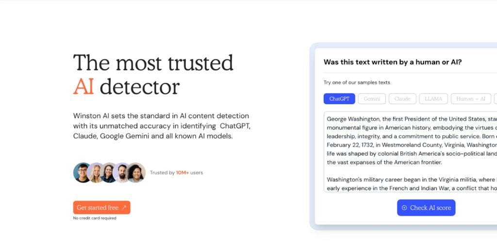 Screenshot showing the Winston AI homepage
