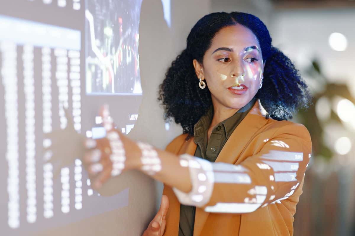 Presentation projector and business woman report global economy stats
