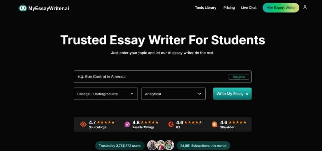 Screenshot domovské stránky MyEssayWriter AI