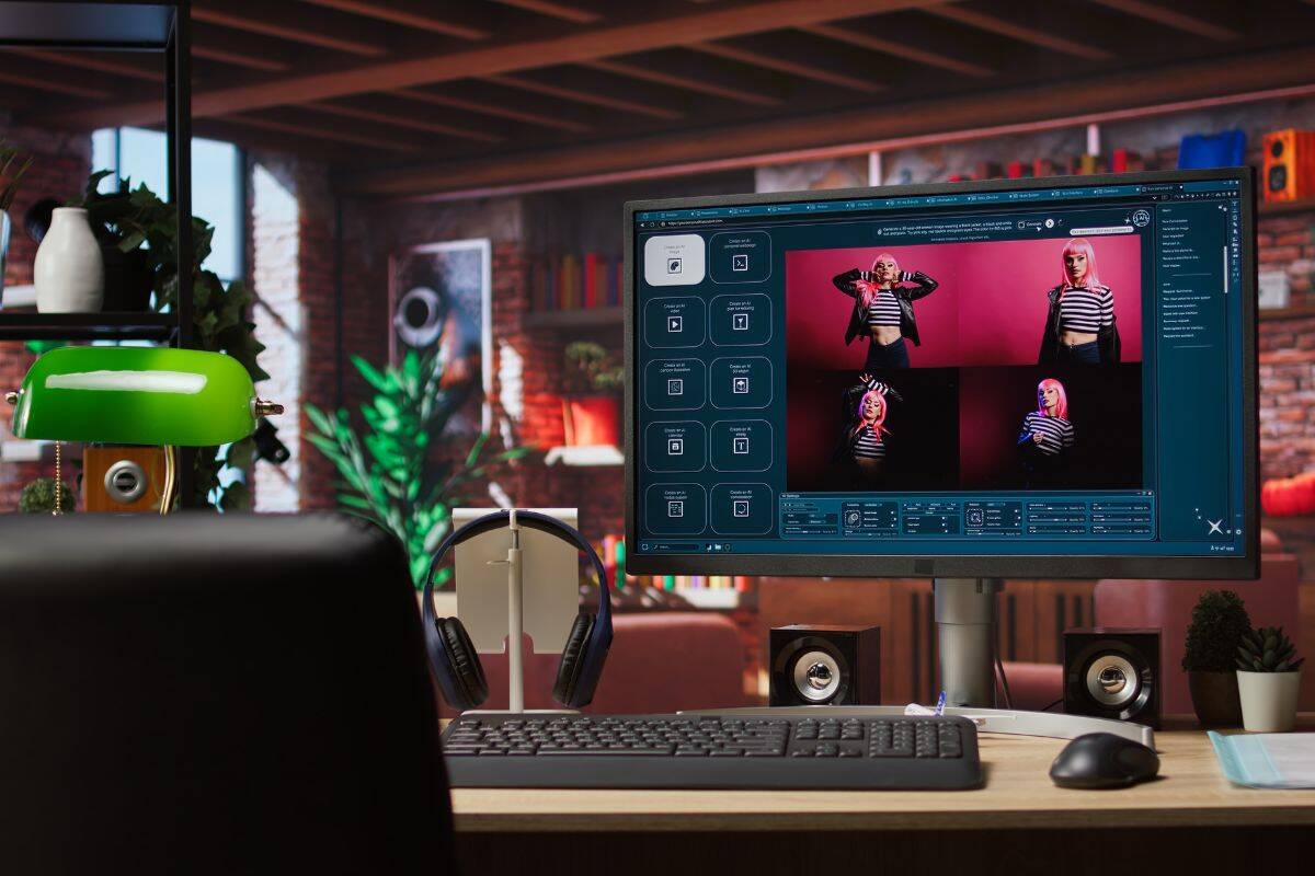 Computer on desk with ui of gpt application turning text prompt into photos