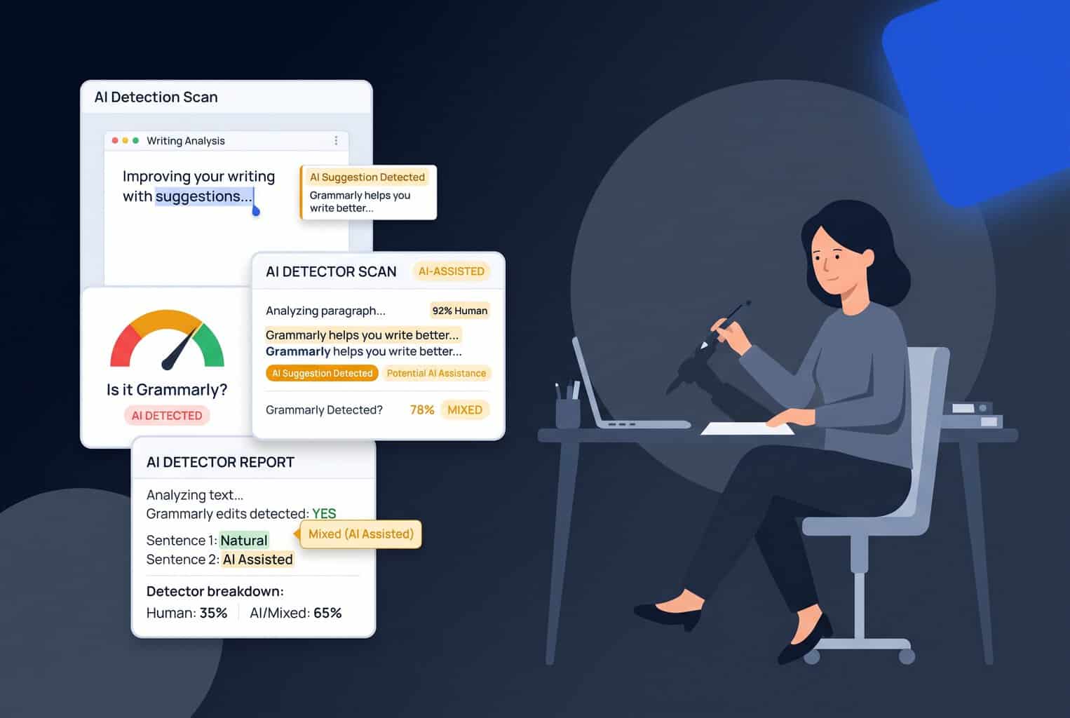 Flat illustration of a woman writing at a desk, with layered digital UI cards showing an AI detector scanning and highlighting text as "Mixed (AI Assisted)"
