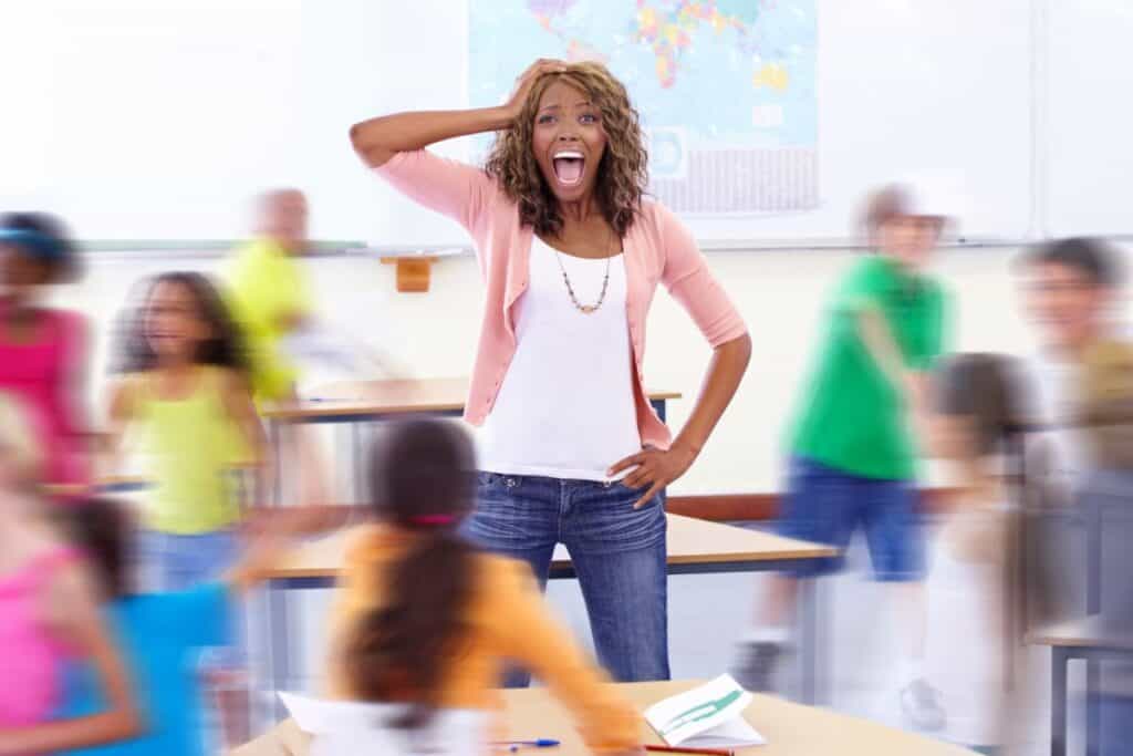 
Headache portrait or teacher in classroom with kids in school