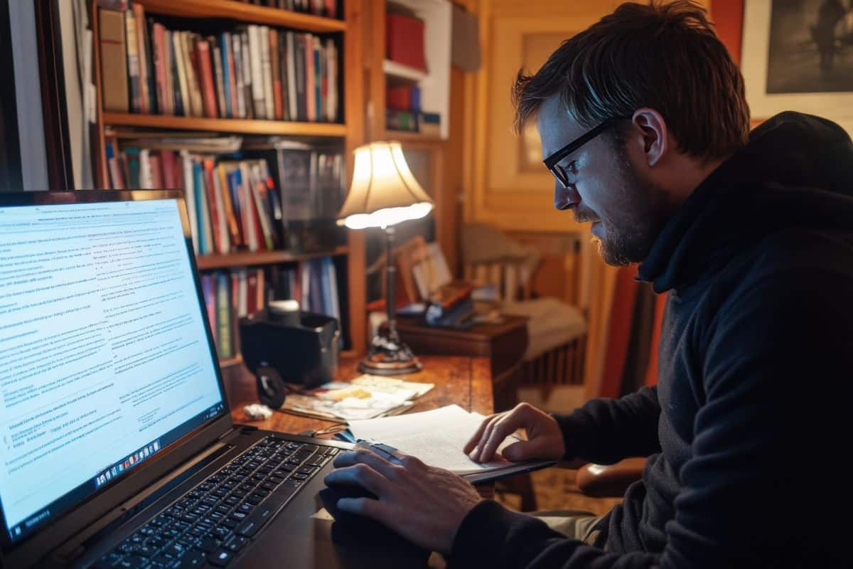Man works on laptop in a well lit study