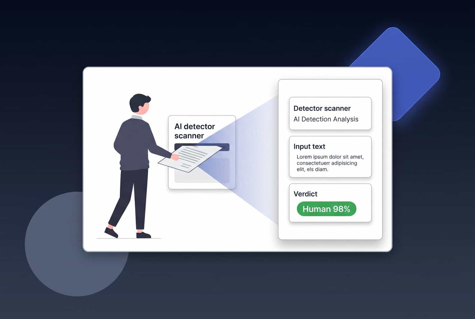 A flat vector illustration of a person feeding a document into an AI detector interface while dodging a sweeping spotlight beam.