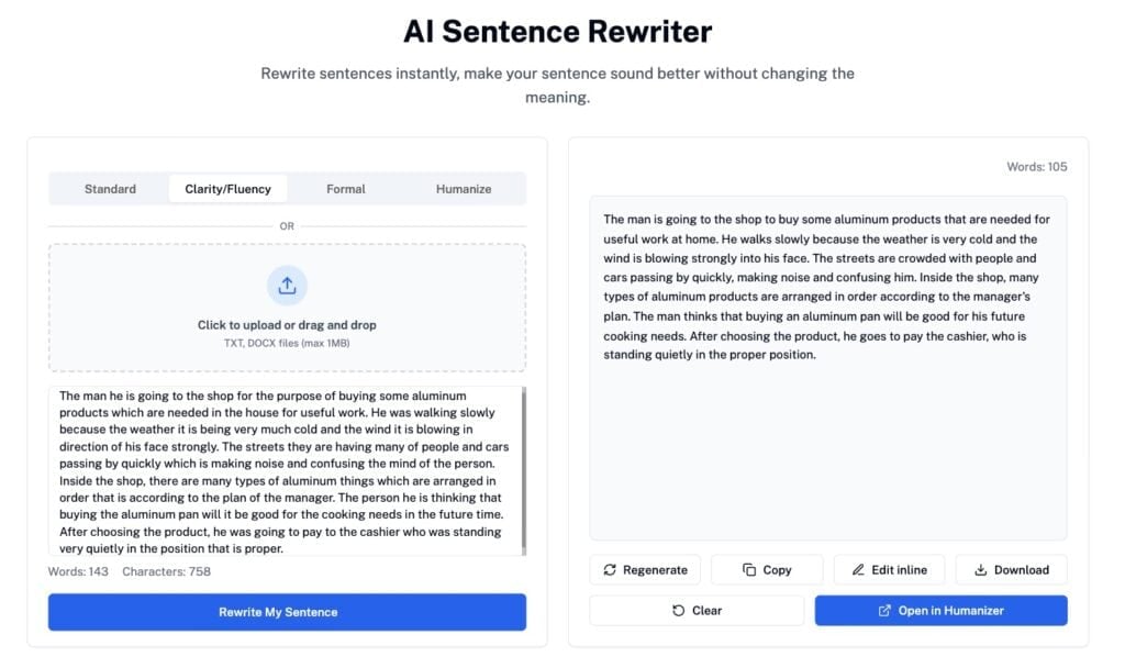 Zrzut ekranu niewykrywalnej sztucznej inteligencji do przepisywania zdań - aluminium vs aluminium w stylu pisania