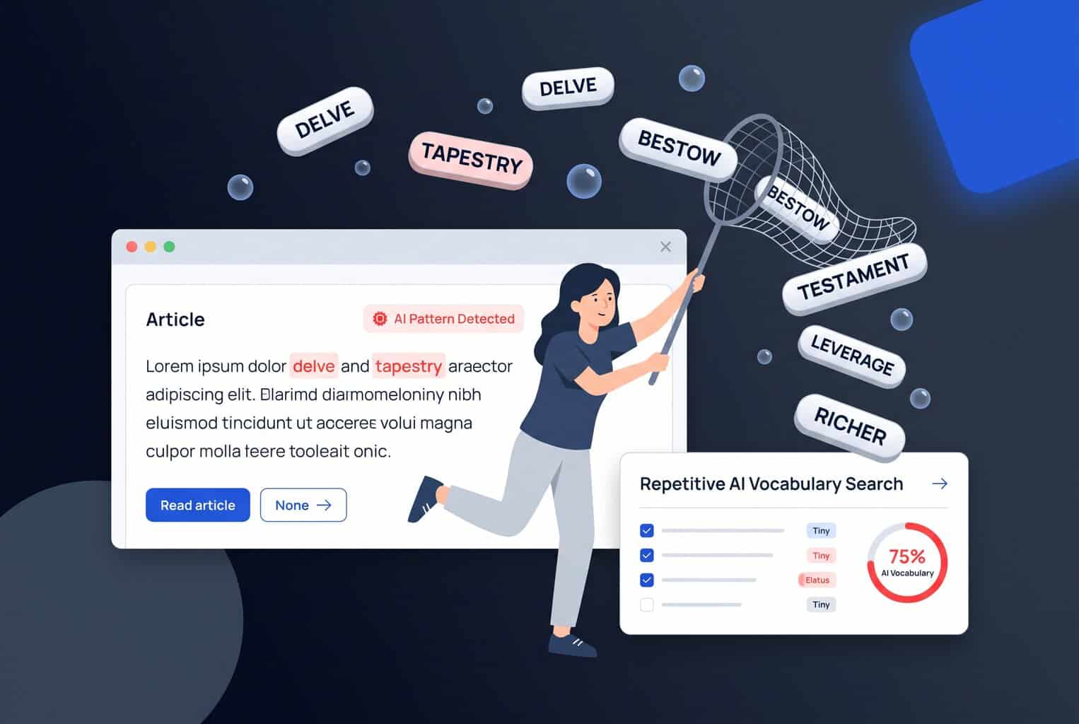 A flat vector illustration of a woman using a butterfly net to catch floating words like "delve" and "tapestry" against a UI card interface.