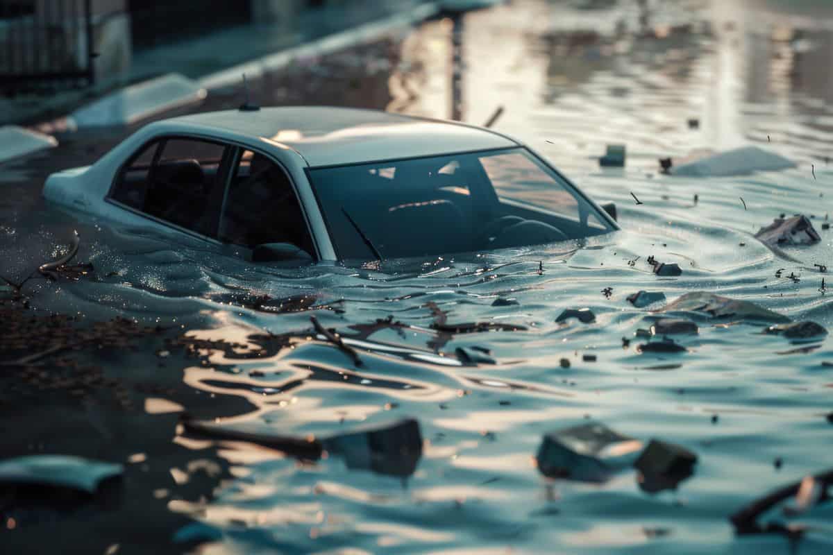 A car is partially submerged after a flood
