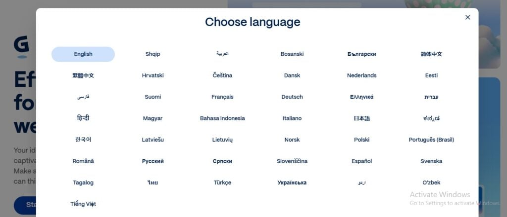 screenshot of gamma AI language