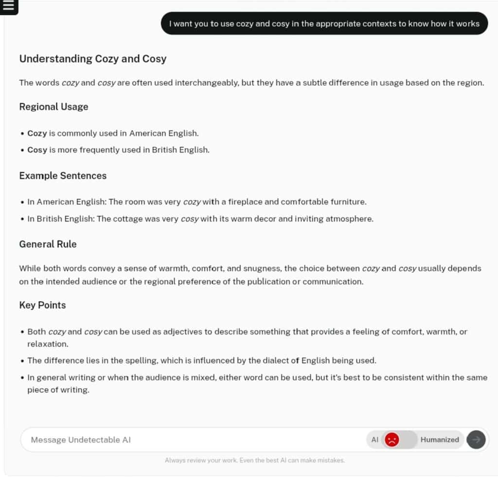 Captura de tela do bate-papo da IA sobre a compreensão de Cozy e cosy