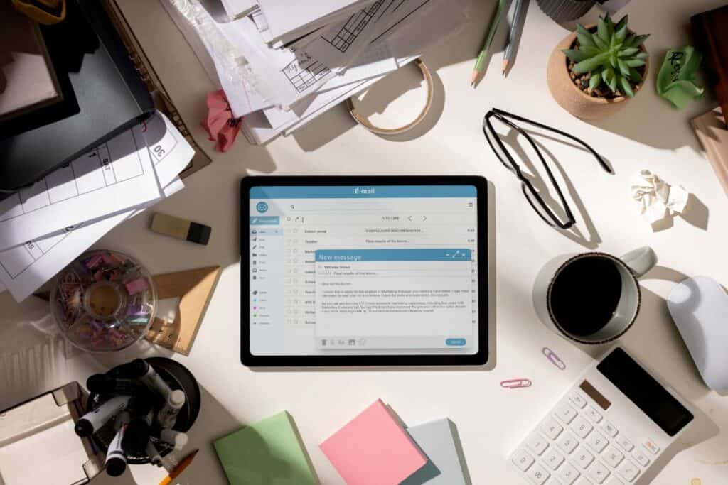 7 лучших инструментов отслеживания электронной почты для повышения продуктивности 4 Вид сверху на грязное рабочее место в офисе с планшетом