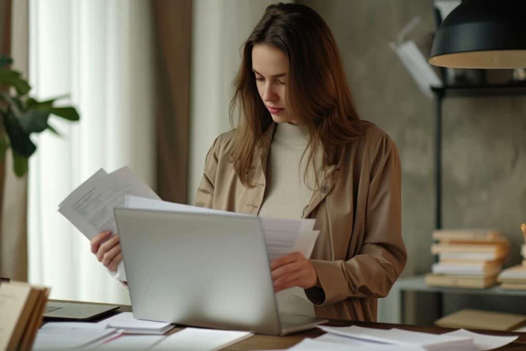 Modern businesswoman with laptop and papers