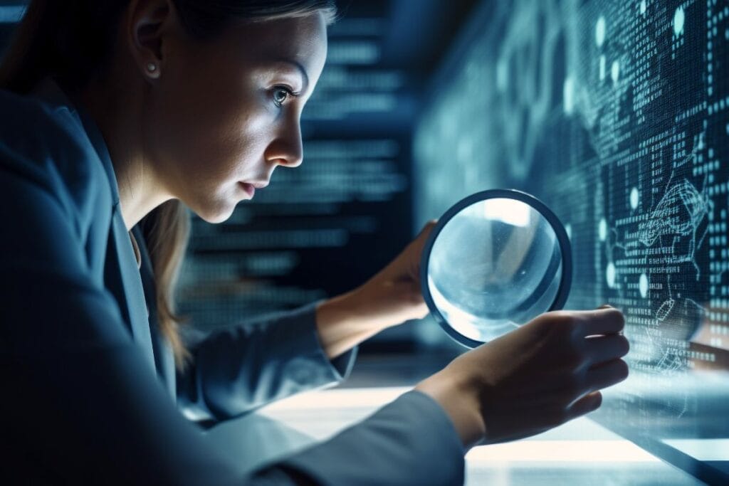 AI Content Detection: Руководство по выявлению контента, созданного искусственным интеллектом 4 Молодая бизнесвумен ищет данные с помощью увеличительного стекла, созданного аи