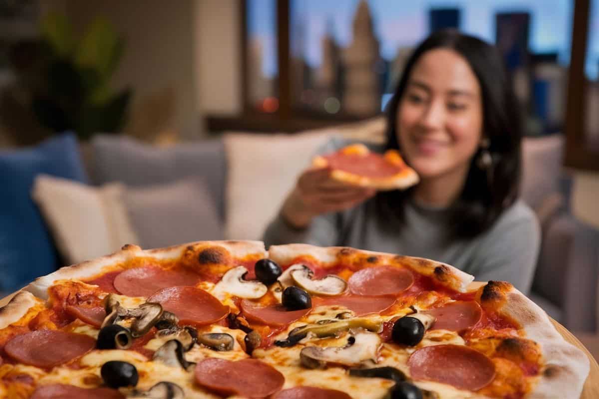 Woman eats pizza at home
