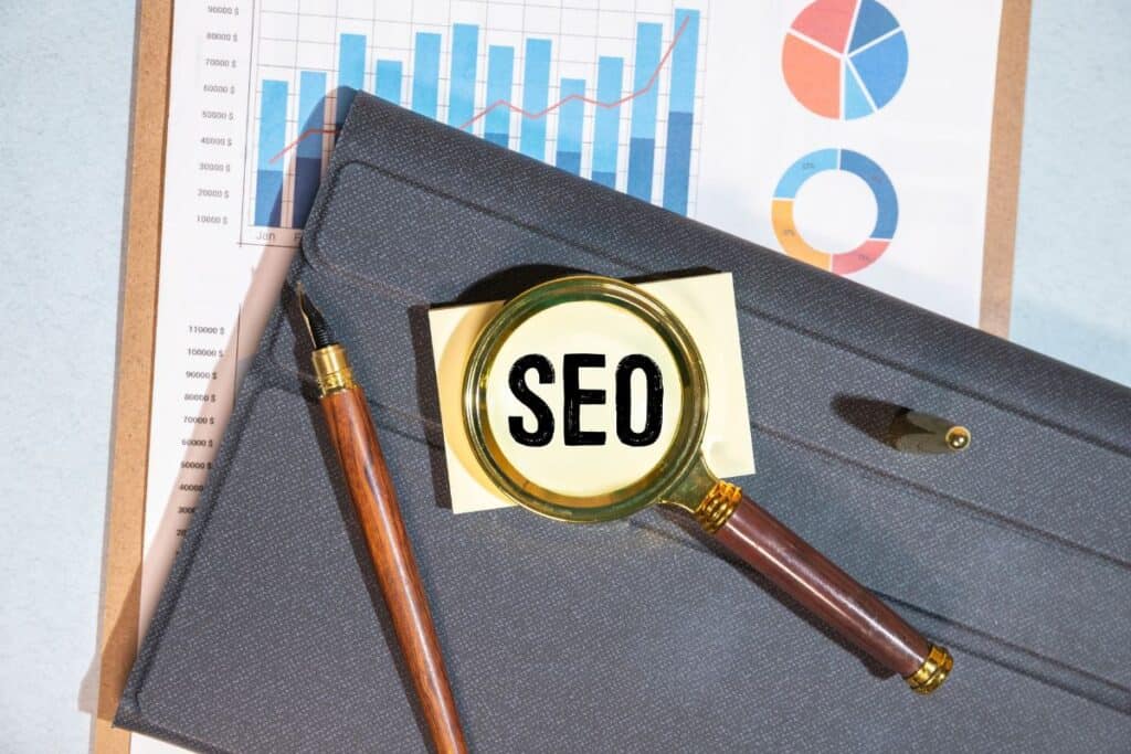 Seo words search engine optimization letters with magnifying glass