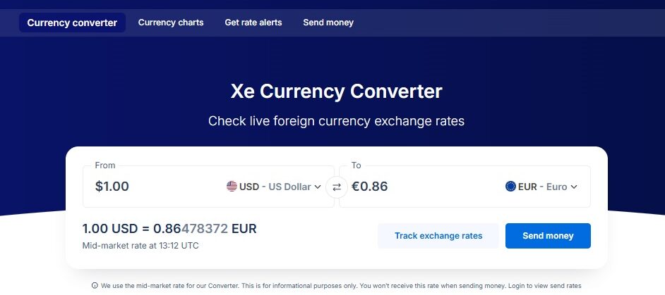 XE currency rate website