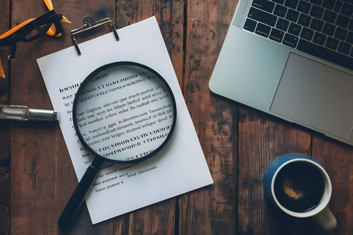 Documents and magnifying glass confirmed or approved document