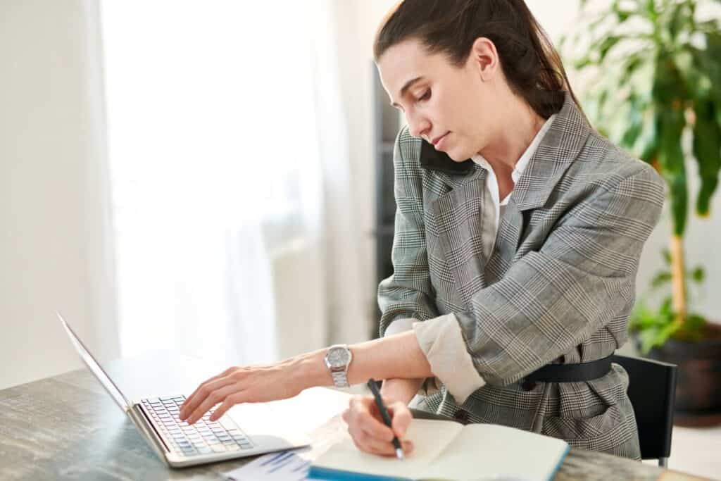 Side view portrait of stressed businesswoman
