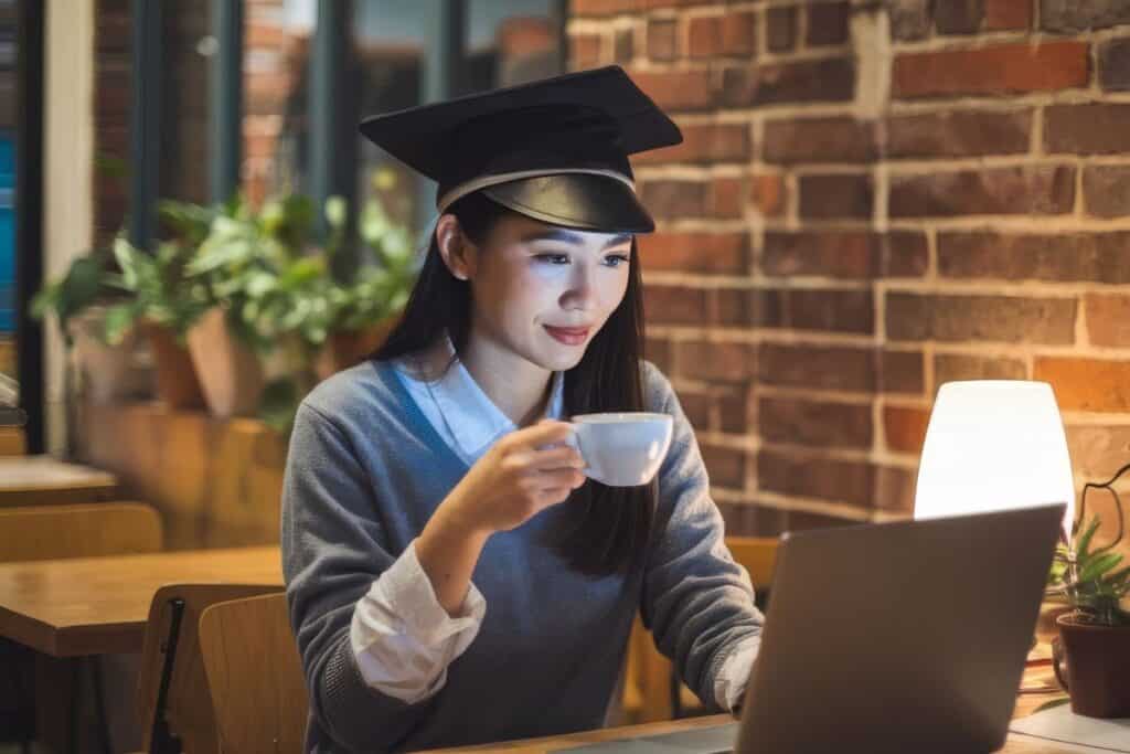 Os 10 melhores empregos de meio período para estudantes e iniciantes 2 Estudante sentado em uma cafeteria com uma xícara de café