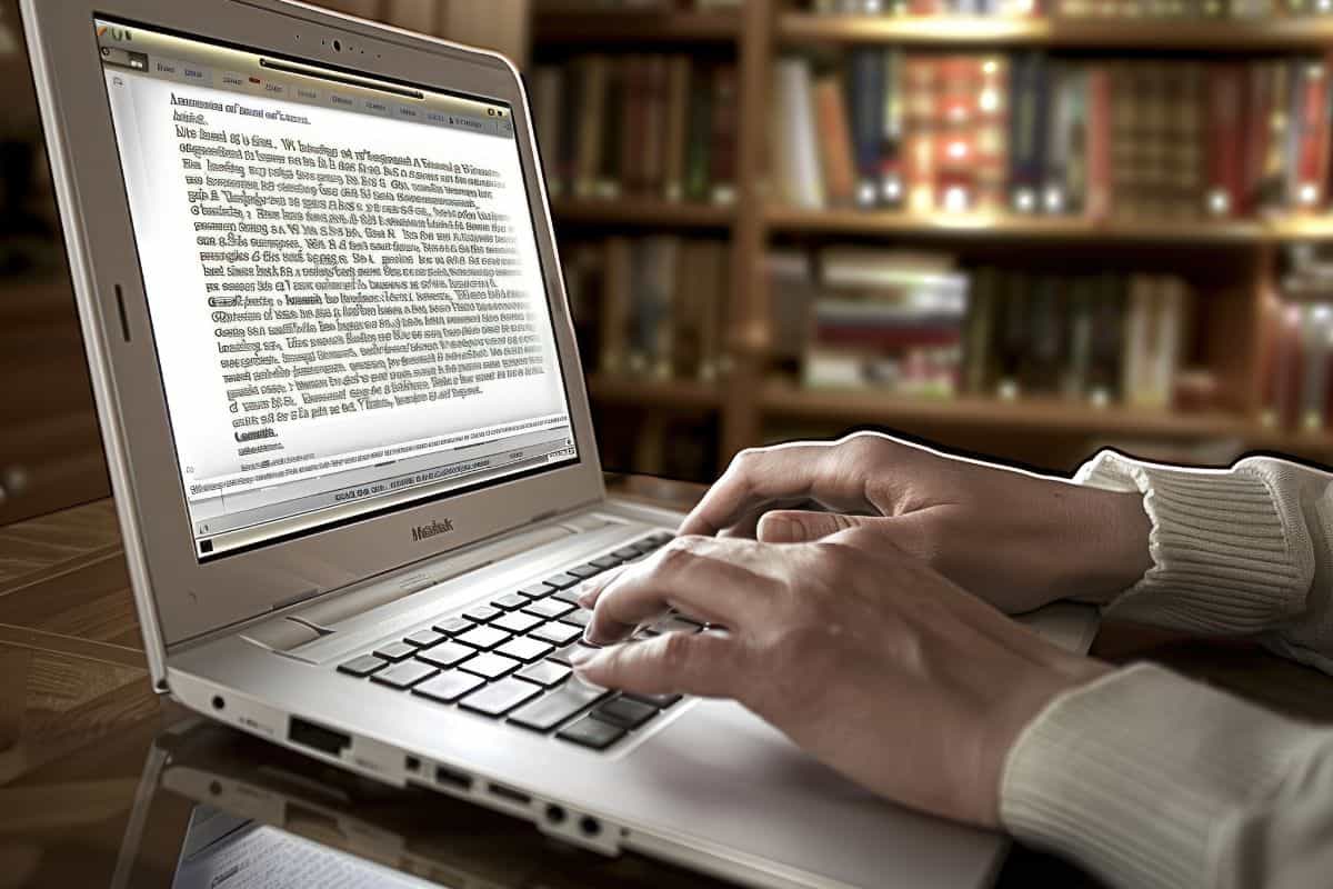 Working on a laptop in a library