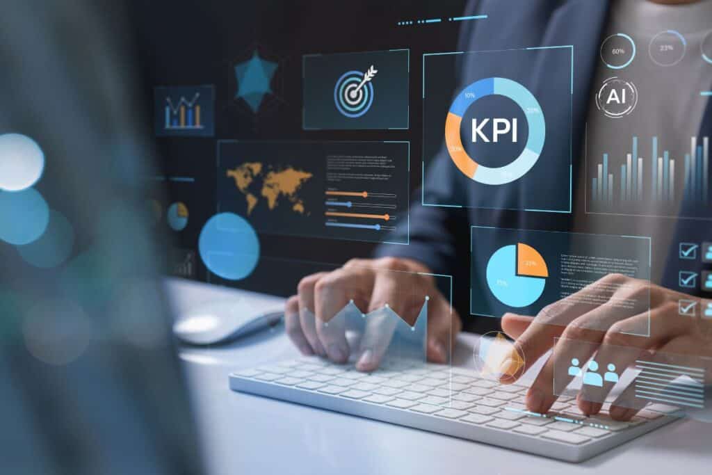 Business professional using ai powered kpi dashboards for data analysis