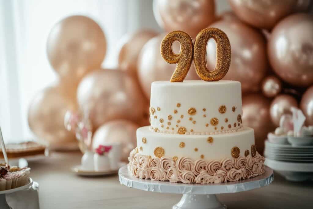 Elegant twotiered cake with golden 90 topper