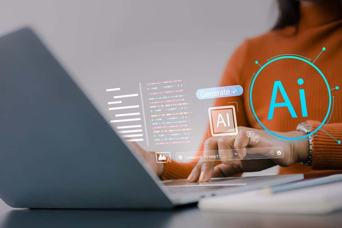 Close up of woman using laptop with ai generative