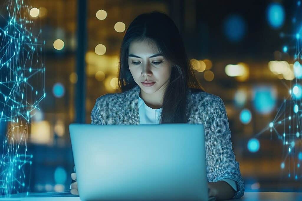 A woman working on a laptop with the words free on the screen
