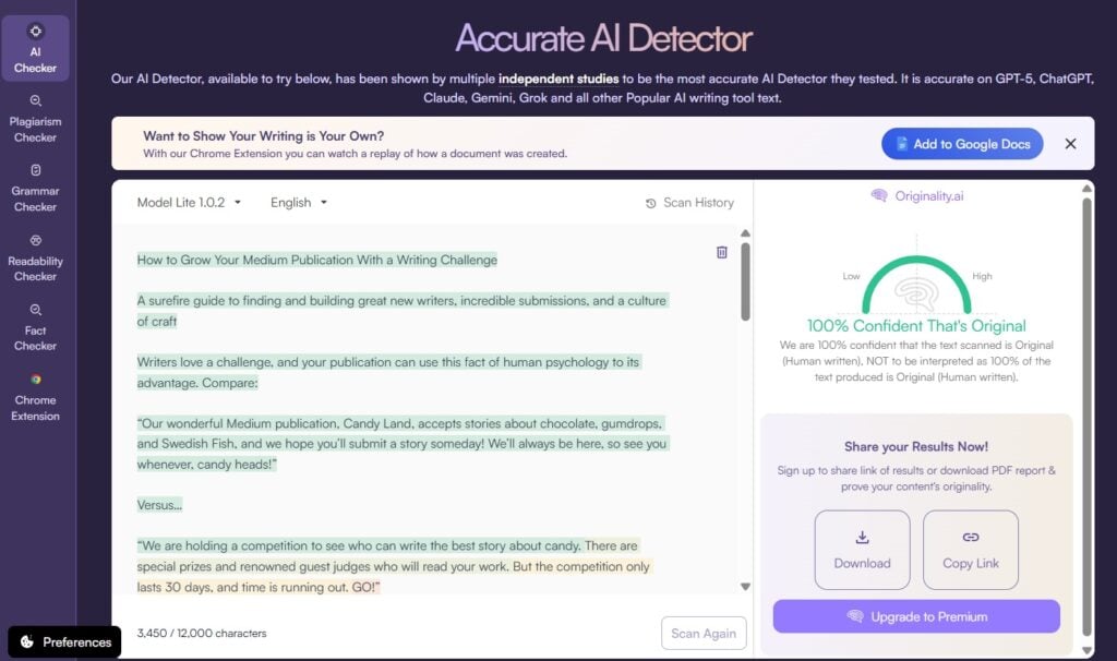 Screenshot of Originality AI-Human sample- Slackjaw article