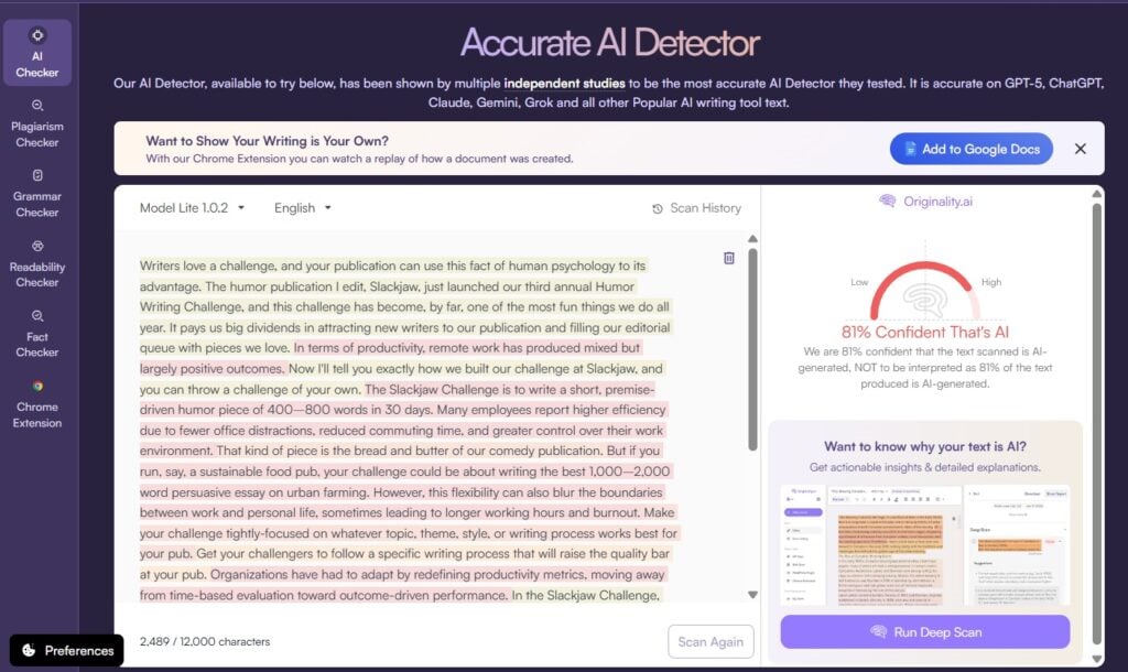 Screenshot of Originality AI-Mixed sample (AI + Human)