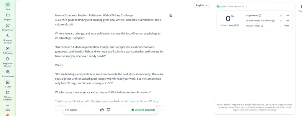 Screenshot of Quillbot-Human sample- Slackjaw article