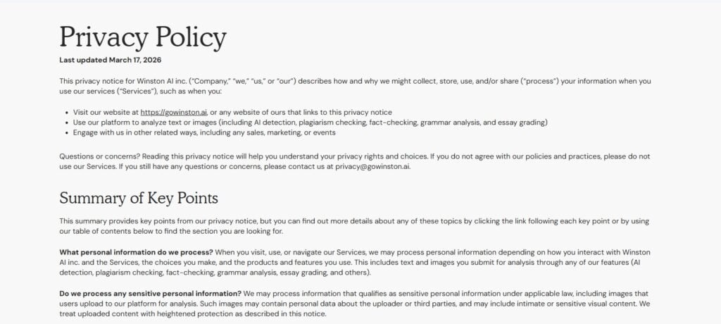 What AI Detector Do Teachers Use? A Complete Guide 9 Screenshot of Winston AI privacy policy