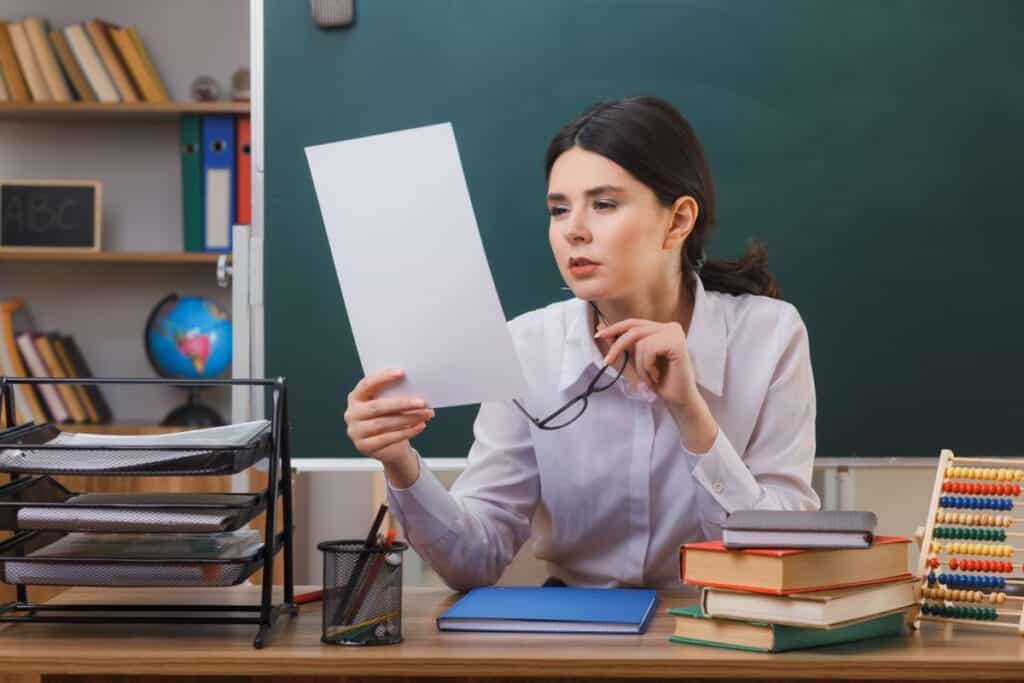 leased ng female teacher holding glasses and looking at paper in her hand