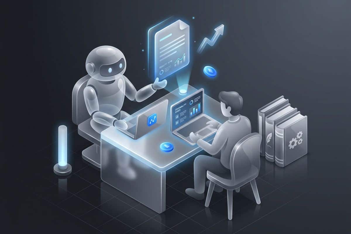 3D illustration of a human and AI working together to create SEO-friendly content