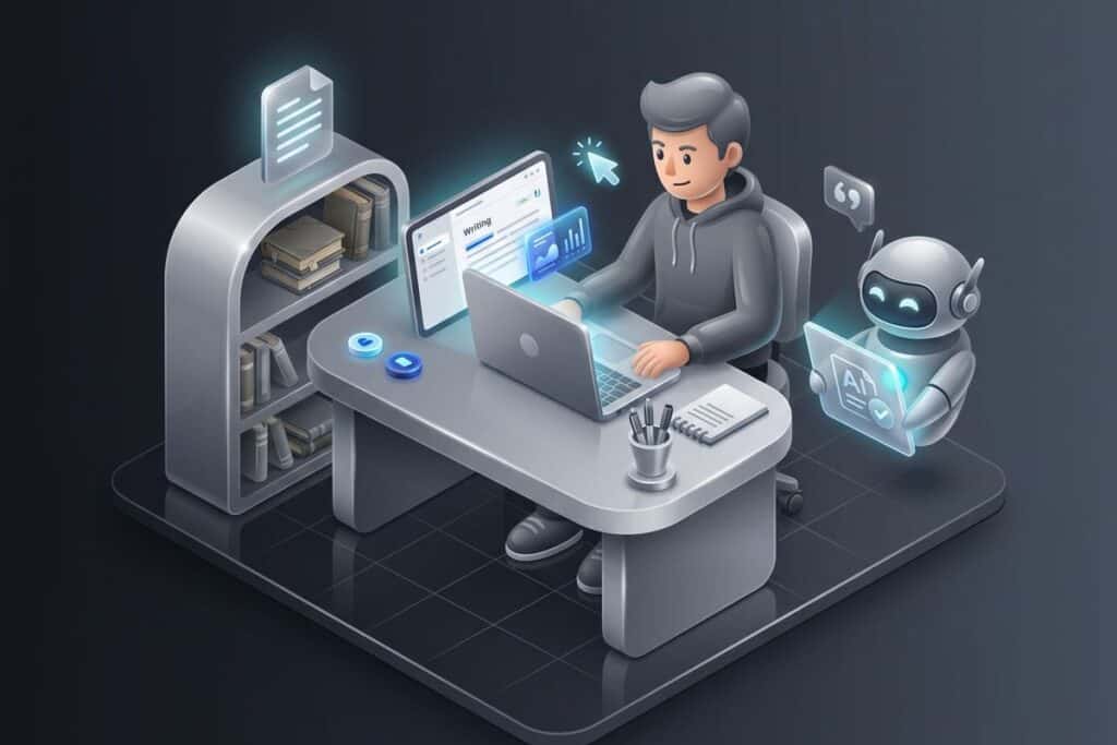 Accidental Plagiarism: What It Means & How to Avoid It 4 3D illustration of a person working with AI assistance to check and avoid accidental plagiarism.