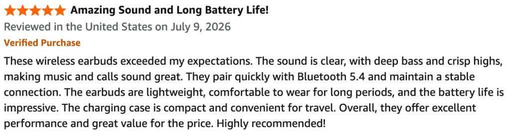 Wireless earbuds with deep bass, clear sound, and Bluetooth 5.4 connectivity.