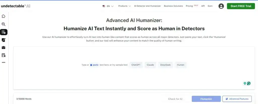 Screenshot of Undetectable AI Advanced AI Humanizer tool interface