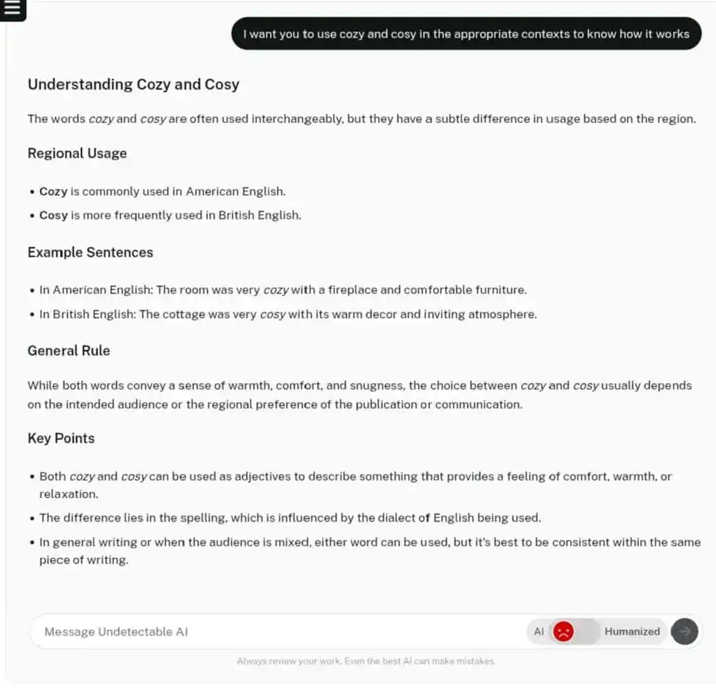 Screenshot of AI Chat about Understanding Cozy and cosy