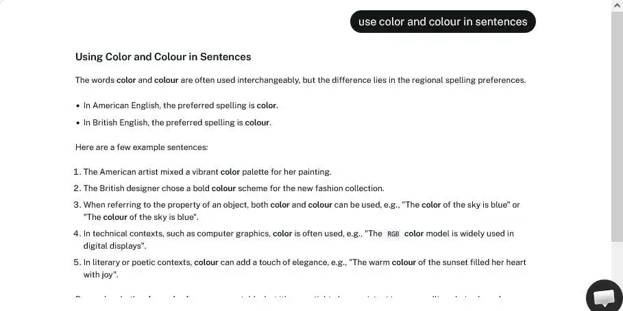 Screenshot of AI Chat Color vs Colour